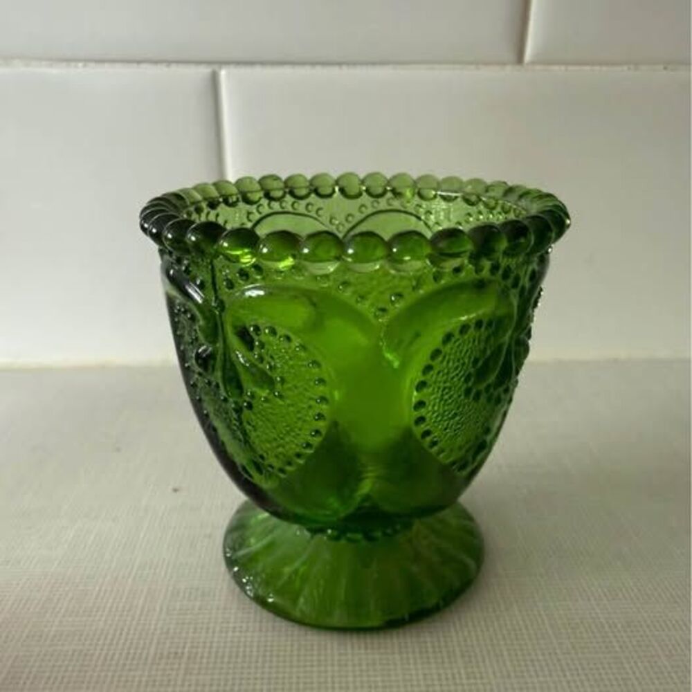 Vintage EAPG Jeweled Heart
Pattern Green Glass Toothpick
Holder